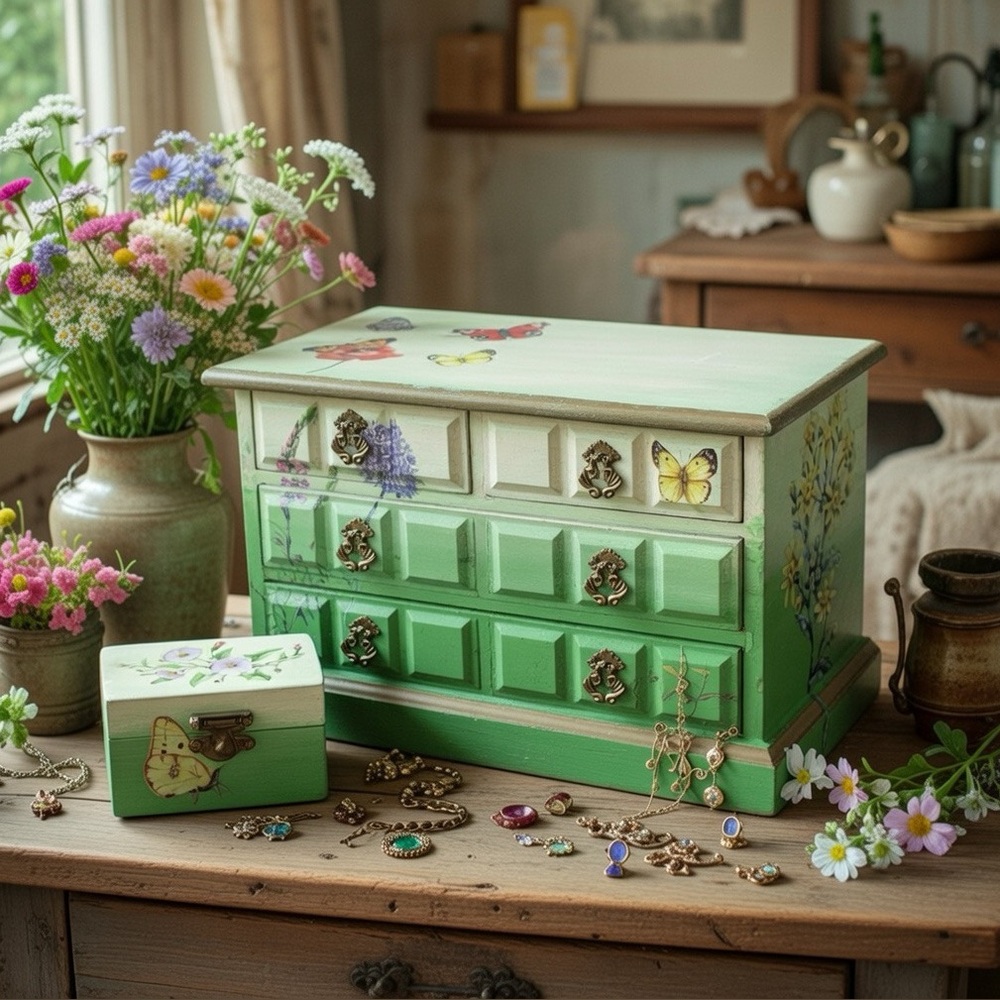 Upcycled Botanical Butterfly Jewelry Music Box - Bonus Trinket Box Included